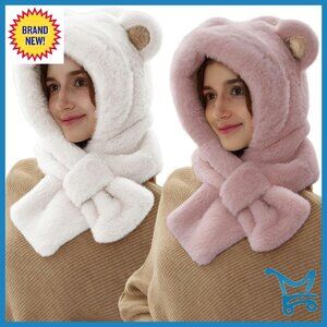 Fluffy Bear Hooded Scarf Set 2-in-1 Winter Warmer for Women